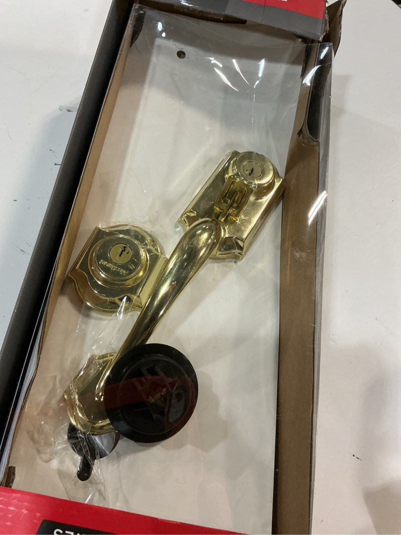 Condition photo showing Good Condition for Kwikset Montara Front Door Lock Handle and Deadbolt Set, Entry Handleset Exterior with Interior Door Knob, Polished Brass, Pick Resistant SmartKey Rekey Deadbolt Security