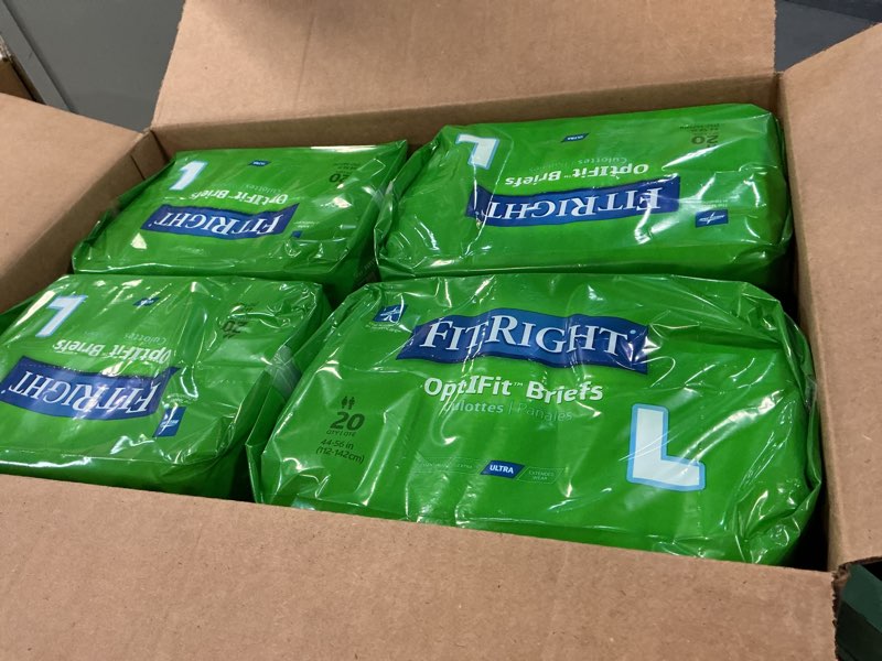 Condition photo showing Good Condition for FitRight Ultra Adult Diapers, Disposable Incontinence Briefs with Tabs, Heavy Absorbency, Large, 44"-56", 4 packs of 20 (80 total)