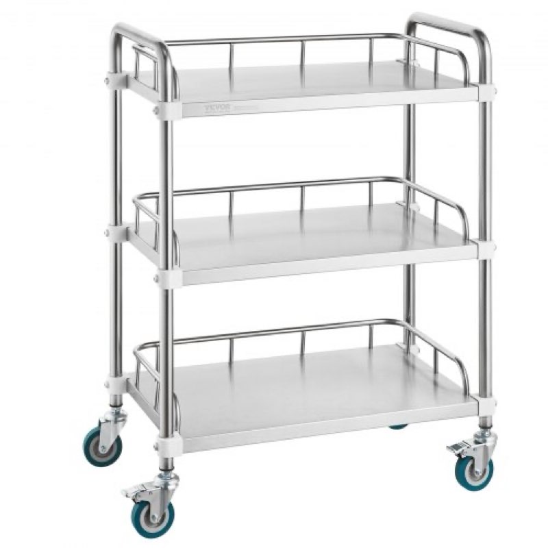 VEVOR Lab Rolling Cart, 3-Shelf Stainless Steel Rolling Cart, Lab Serving Cart with Swivel Casters, Dental Utility Cart for Clinic, Lab, Hospital, Salon, 26.38"x15.55"x34.13"