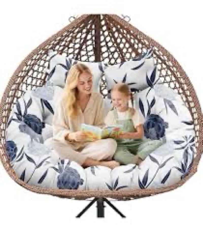 Cojín doble para silla de huevo, impermeable, para exteriores, patio, cesta colgante, sillas de huevos, 59 x 43 pulgadas, grueso, 100% algodón, cojines grandes para silla oscilante, encantadora azul