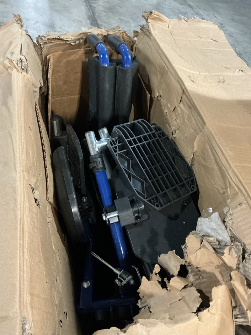 Condition photo showing As Is for Drive Medical Blue Streak Lightweight Foldable Wheelchair - Enhanced Mobility Support - Durable Construction - Padded Comfort - Swing-Away Leg Rests - Desk Arms - Blue/Black - 18 Inch Seat