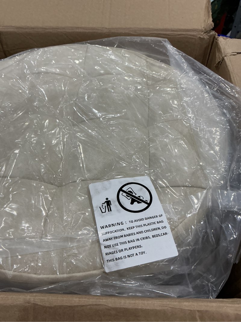 Condition photo showing Good Condition for faux leather round ottoman with storage 12.6" w x 14.17" h & 14.76" w x 17.32" h set of 2, small boucle coffee table footstool with removable lid for living room, bedroom, beige beige 14.8"d x 14.8"w x 17.3"h