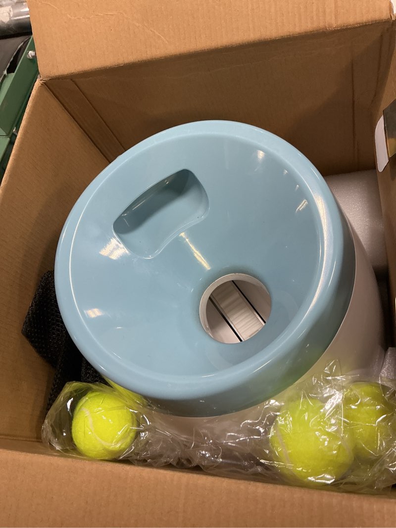 Condition photo showing As Is for mekaple automatic dog ball launcher, dog ball thrower machine with 10-30ft 3 launching distance, interactive toys for small dogs indoor & outdoor with 15 mini tennis balls (2 inch) -blue