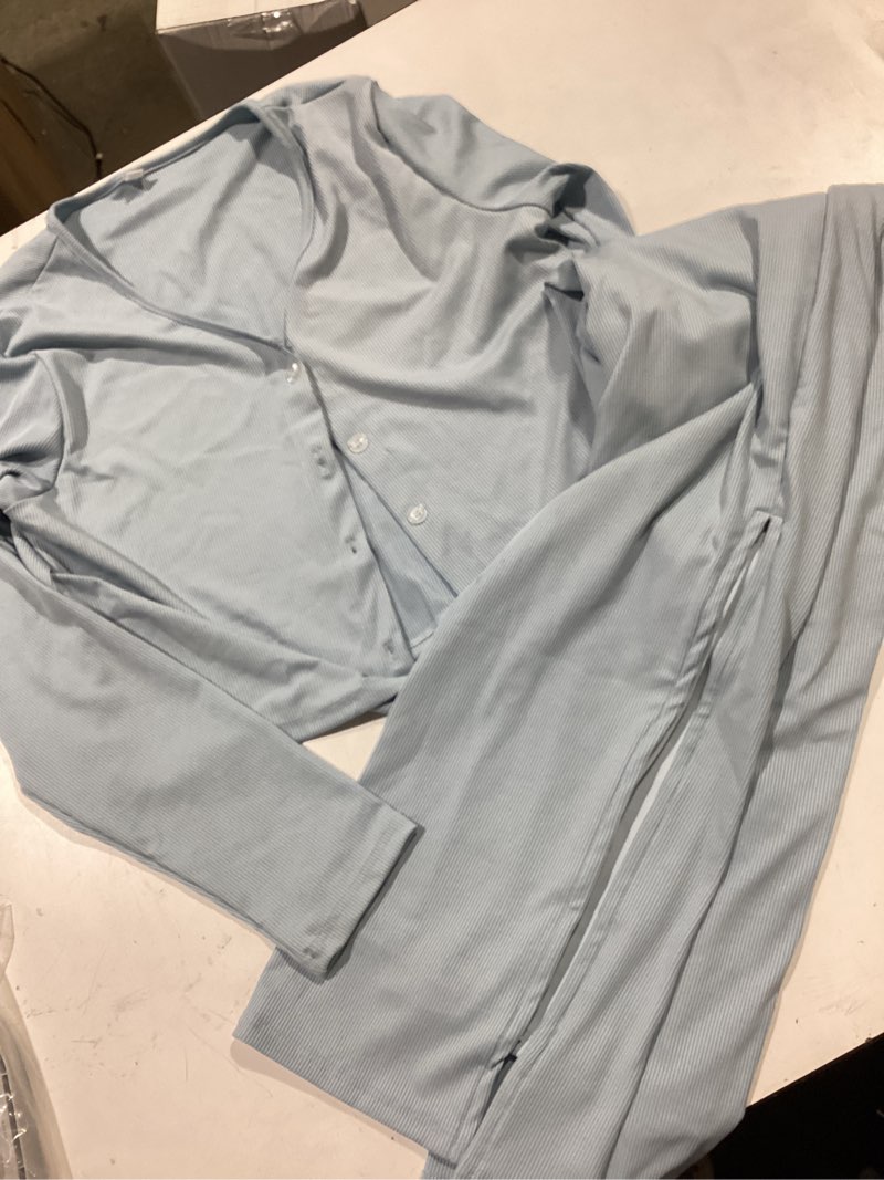 Condition photo showing Good Condition for 2 piece strapless maternity dress & cardigan set for baby shower | elegant maxi dresses, a side slit, bodycon fit for gender reveal, photoshoots, wedding guest & formal events medium light blue