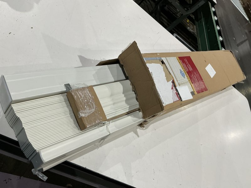 Condition photo showing As Is for lotus & windoware cordless, 2 inch faux wood blind, 34.5" wide x 60" long, window blinds, blinds & shades, blinds for indoor windows, embossed, bright white