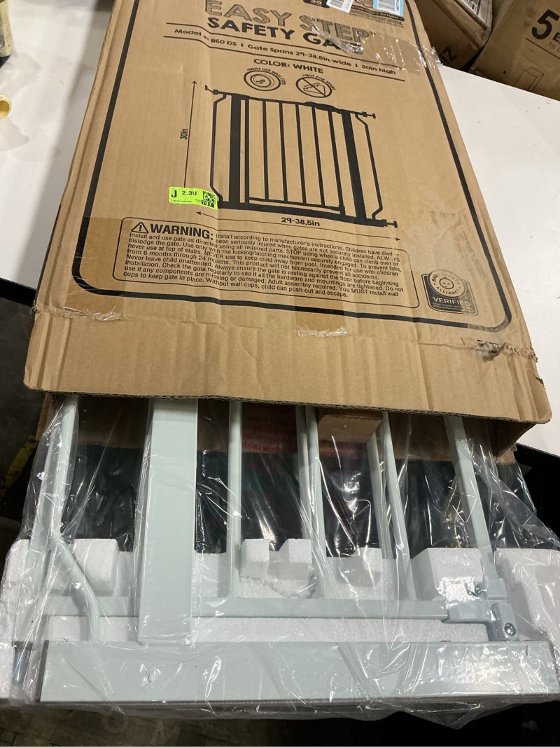 Condition photo showing New/Like New for regalo safety 29-38.5" baby gate for doorways & bottom of stairs, pressure mounted baby gate with door for babies, toddlers & pets, tested & safe for 30 years, american designed, american owned, white white 29-38.5"w x 30"h
