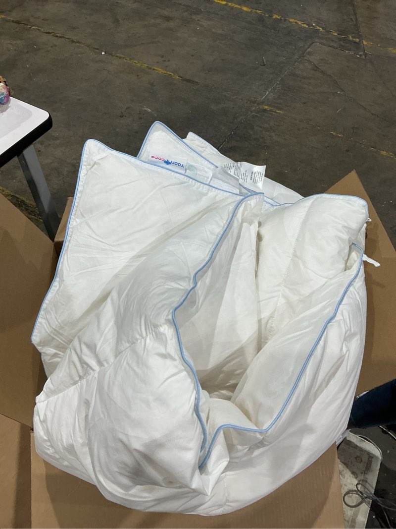 Condition photo showing As Is for yoon coco white comforter with blue trim