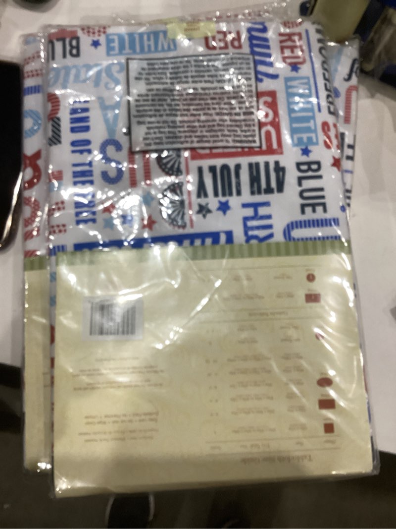 Condition photo showing New/Like New for Newbridge Celebrate America Patriotic Blue Stars and Stripes 70 Inch Round Vinyl Tablecloth with Flannel Backing, Indoor Outdoor Waterproof BBQ Picnic Patriotic Party Table Cover 70" (Round) Stars and Stripes