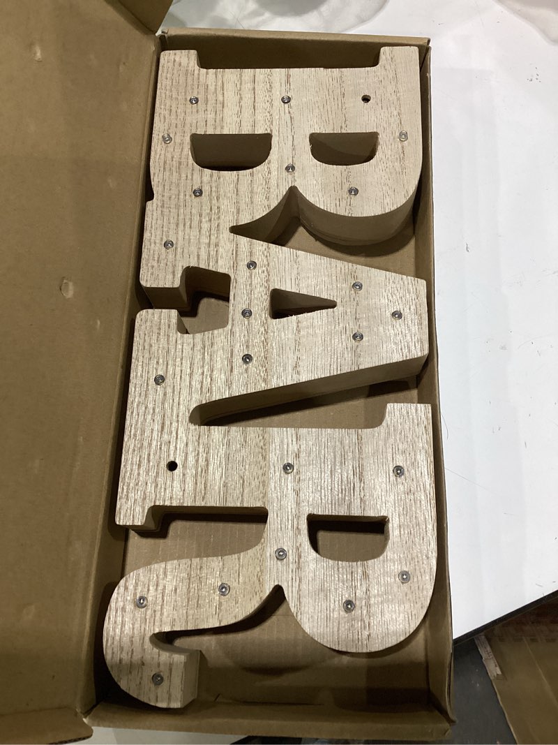 Condition photo showing As Is for 13.2×5.7×1.2in wooden led bar light up letters, warm white illuminated bar letters, led marquee letters light up bar signs for home bar decor, bar decorations for party, table wall decor, missing two small lights