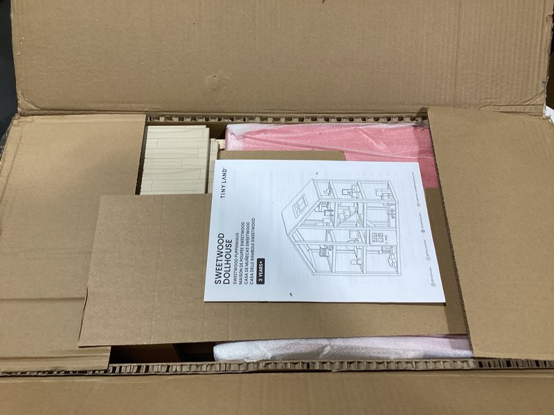 Condition photo showing Good Condition for Tiny Land Wooden Dollhouse for Girls - 6 Rooms Wooden Doll House, DIY Pretend Doll House with 31Pcs Furniture Accessories, Creative Gift for Girl Ages 3+ Pink