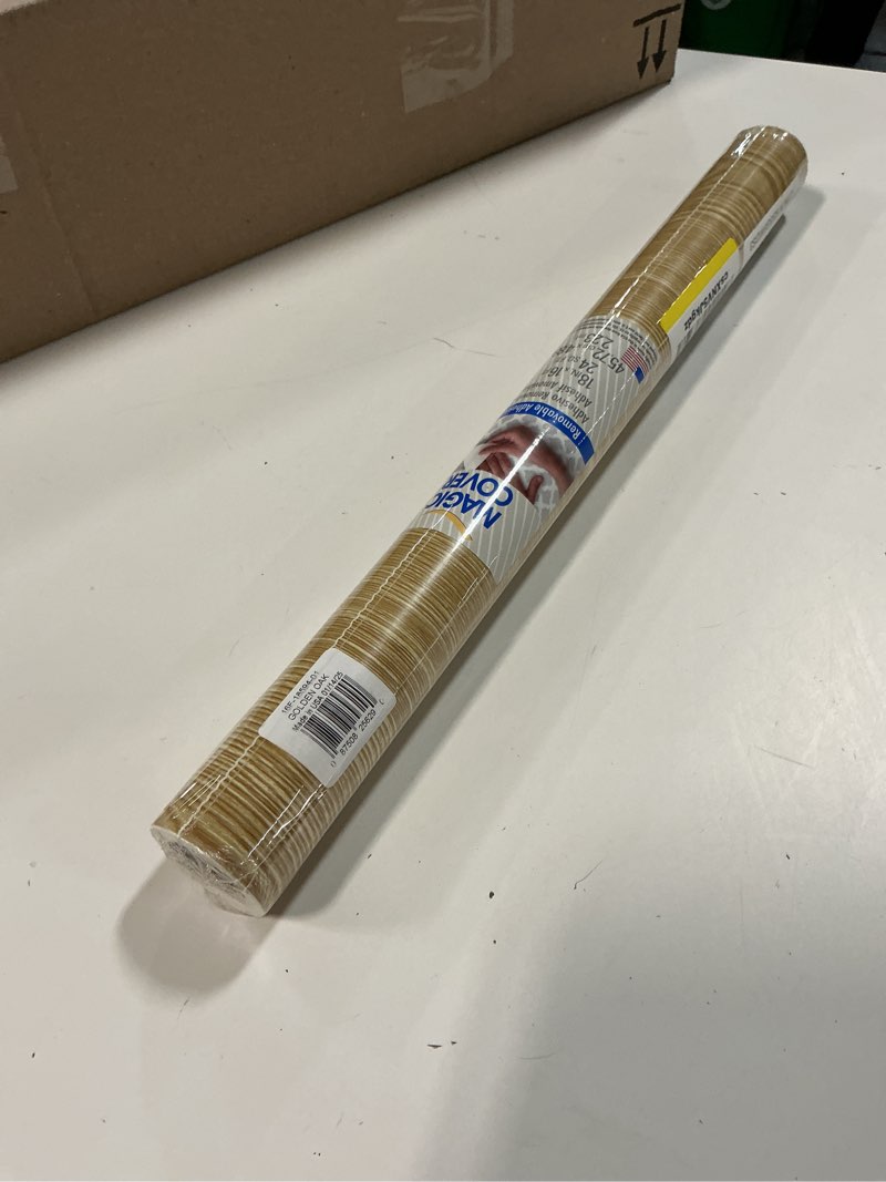 Condition photo showing New/Like New for magic cover self-adhesive vinyl shelf and drawer liner, 18" x 16', golden oak (16f-18594-06)