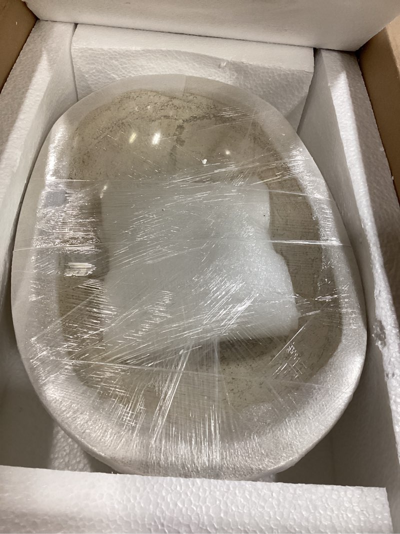 Condition photo showing Good Condition for oval travertine vessel sink – natural stone wash basin, hand-carved bathroom sink with chiseled exterior & polished interior, above counter vanity basin (includes matching soap tray)