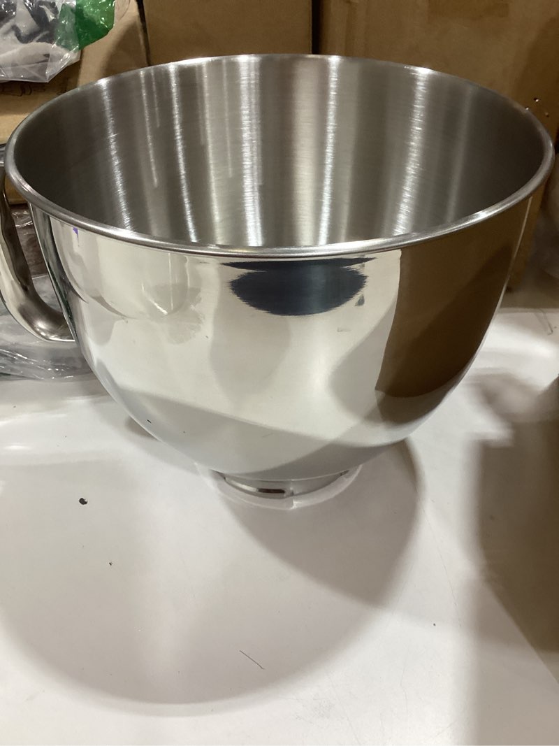 Condition photo showing Good Condition for 5qt food grade stainless steel mixer bowl, compatible with kitchenaid series 4.5-5qt tilt-head mixers, suitable for k45ss, ksm75, ksm90, ksm100, ksm150, dishwasher safe, heavy duty, no residue metal silver