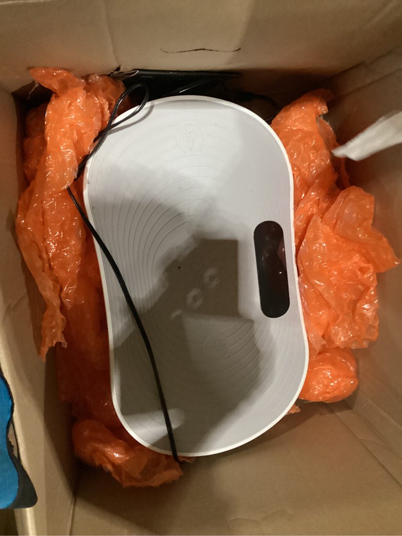 Condition photo showing As Is for merach vibration plate exercise machine, vibrating platform for lymphatic drainage weight loss muscle activation, full body home exercise equipment with led touch screen bluetooth pull cord arc-white