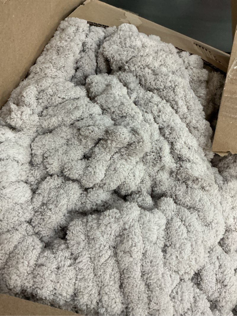 Condition photo showing As Is for L'AGRATY Chunky Knit Blanket Throw: 60''x80'' Chenille Chunky Knitted Throw Blankets for Twin Bed Couch - Handmade Thick Cable Knit Blanket - Large Crochet Rope Blankets for Home Decor(Grey) Grey 60"x80"