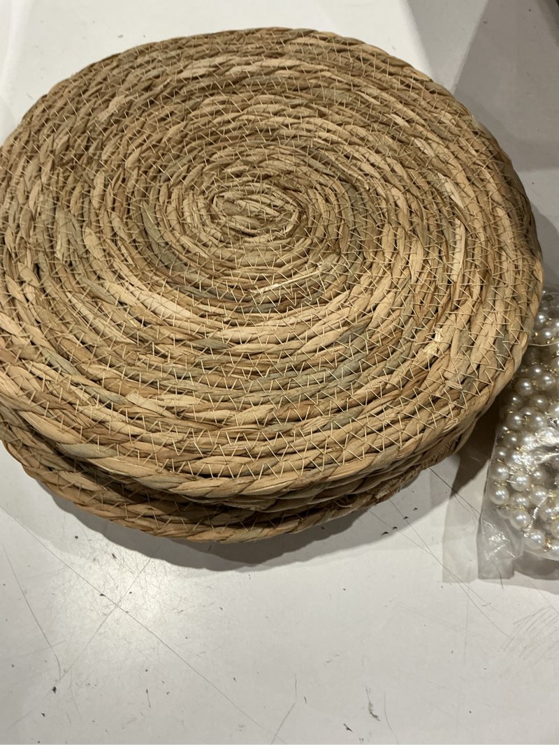 Condition photo showing As Is for 10 pack round woven placemats - 10 inch natural grass table mats | circle rattan table place mat for heat resistant protection, rustic farmhouse dining decor