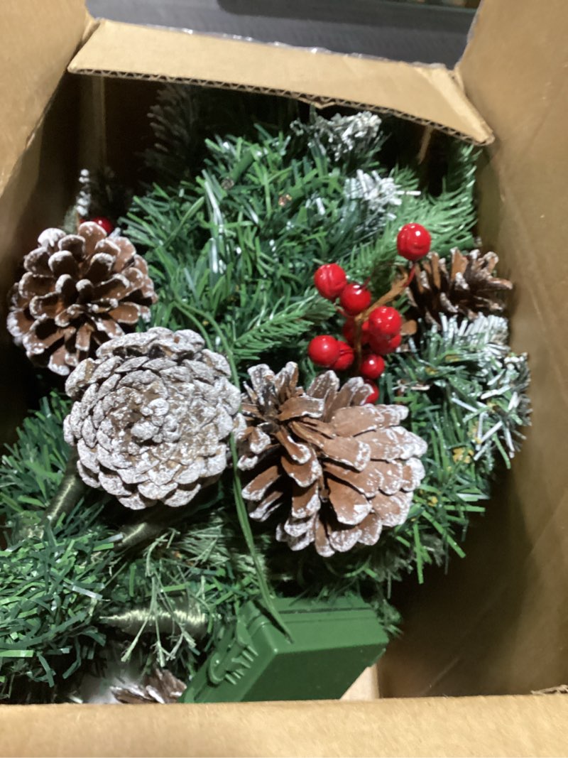 Condition photo showing As Is for 2 Pack 24 Inch Lighted Outdoor Christmas Tree with Dual Color LED Lights, Remote Control Battery Operated Pre-lit Pathway Urn Filler, Christmas Porch Decorations for Home, Porch & Yard Snow White 2ft 6in