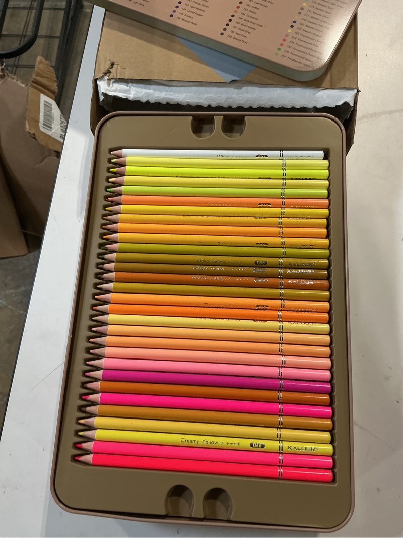 Condition photo showing Good Condition for kalour pdas 180 colored pencil set for adults & artists, rich pigment soft core, 15 metallic pencils, 6 neon pencils, ideal for coloring drawing sketching shading blending, vibrant colors (tin case)
