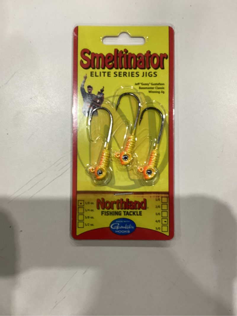Condition photo showing As Is for Northland Fishing Tackle Smeltinator Jig Head, Premium Bass Fishing Lure for Swimbaits & Plastics, 3 Pack - 1/8 Oz 4/0 Hook Yellow/Orange