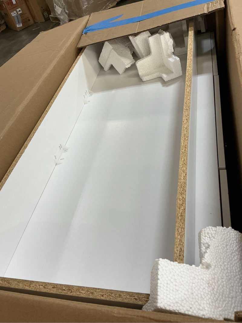 Condition photo showing As Is for project source 48-in white bathroom vanity cabinet