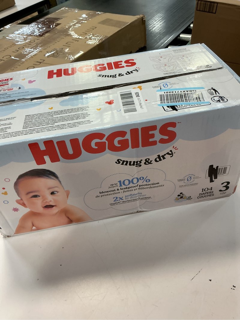 Condition photo showing New/Like New for huggies size 3 diapers, snug & dry baby diapers, size 3 (16-28 lbs), 104 count, packaging may vary size 3 104