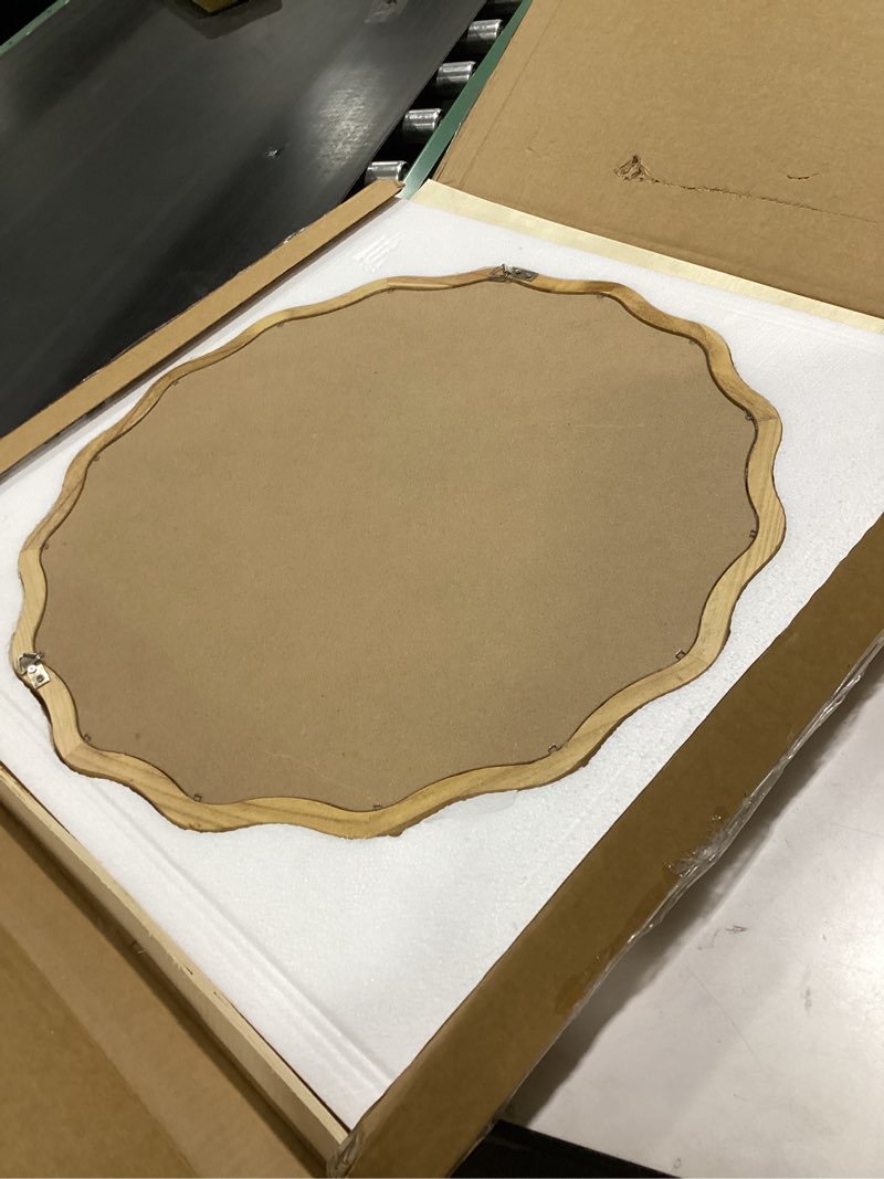 Condition photo showing Good Condition for Circle Wood Mirrors for Wall, Wavy Round Bathroom Scalloped Mirror Wooden Frame 24 Inch for Living Room Farmhouse Bedroom Hallway Entryway Living Room with Shatterproof Glass Wall Mounted Natural Wood 24"L x 24"W