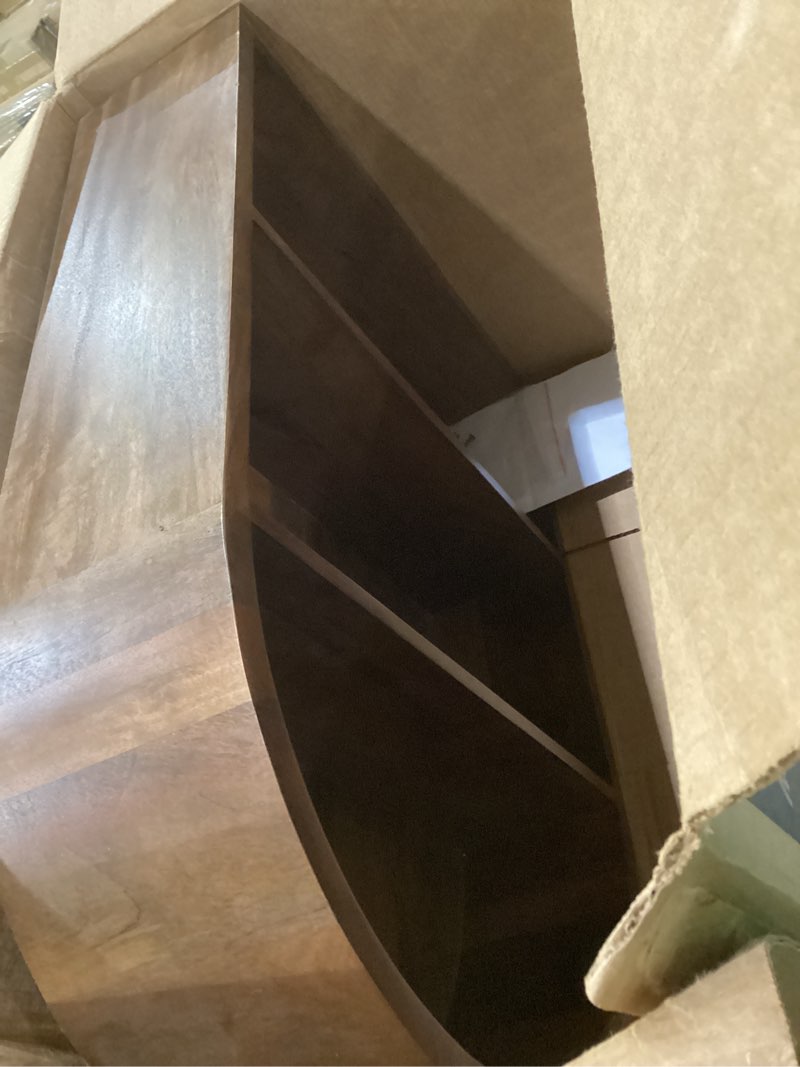 Condition photo showing As Is for kate and laurel arcott modern arched wall shelf, 18 x 26, walnut brown, transitional arch wall shelves for over-the-toilet storage or entryway storage shelf