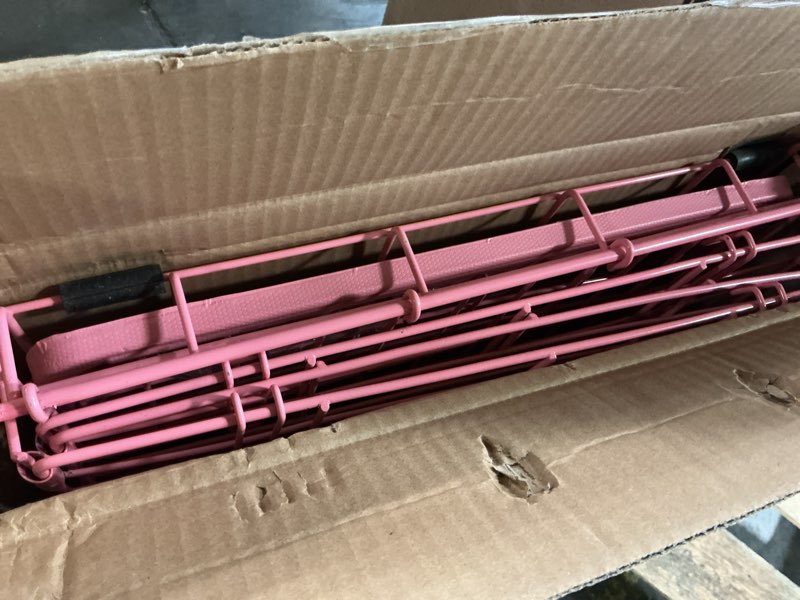 Condition photo showing As Is for midwest homes for pets single door icrate 24" pink folding metal dog crate w/ divider panel, floor protecting "roller" feet & leak proof plastic tray; 24l x 18w x 19h inches, small dog breed