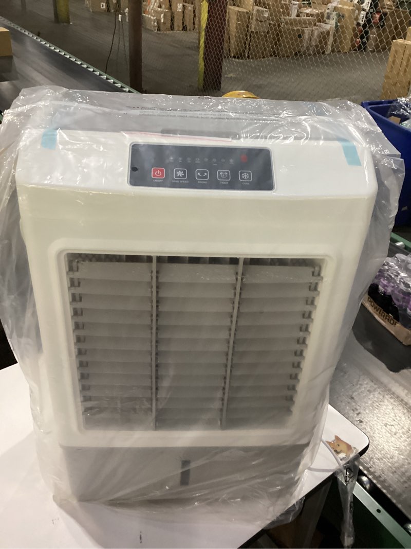 Condition photo showing New/Like New for Large Windowless Portable Air Cooler, 3 in 1 Evaporative Swamp Cooler with Remote, Hoseless Ventless Fan Ac Unit, 7H Timer, 8 Gal Water Tank, 4 Ice Box for Garage, Bedroom Home Outdoor Grey
