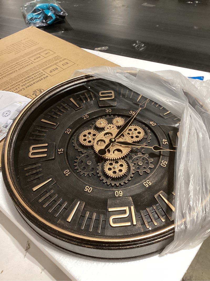 Condition photo showing New/Like New for 20in Large Real Moving Gears Wall Clock for Living Room, Battery Operated Wall Clocks Decorative Vintage, Home Office Clock, Gift for Family, Friends Black 20in-Arabic