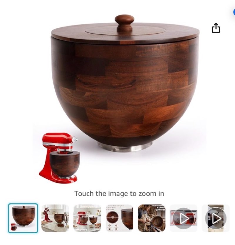 Wood Mixing Bowl Compatible with 4.5-5 Qt Tilt-Head Stand Mixers with Lid Cover - Natural True Acacia Wooden Bowls, 5 Quart Kitchen Aid Bowls for Mixer with Stainless Steel Locking Base.