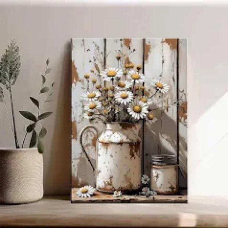 farmhouse flower canvas wall art vintage plant floral white daisy still life wall deco picture rural
