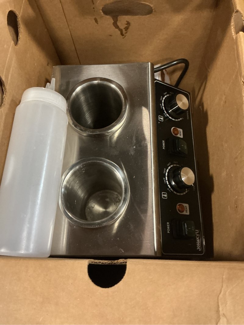 Condition photo showing As Is for johakyu commercial electric sauce warmer dispenser â€“ stainless steel countertop hot fudge/nacho cheese warmer with 2ã—650ml squeeze bottles and 2 funnels (2 grids)