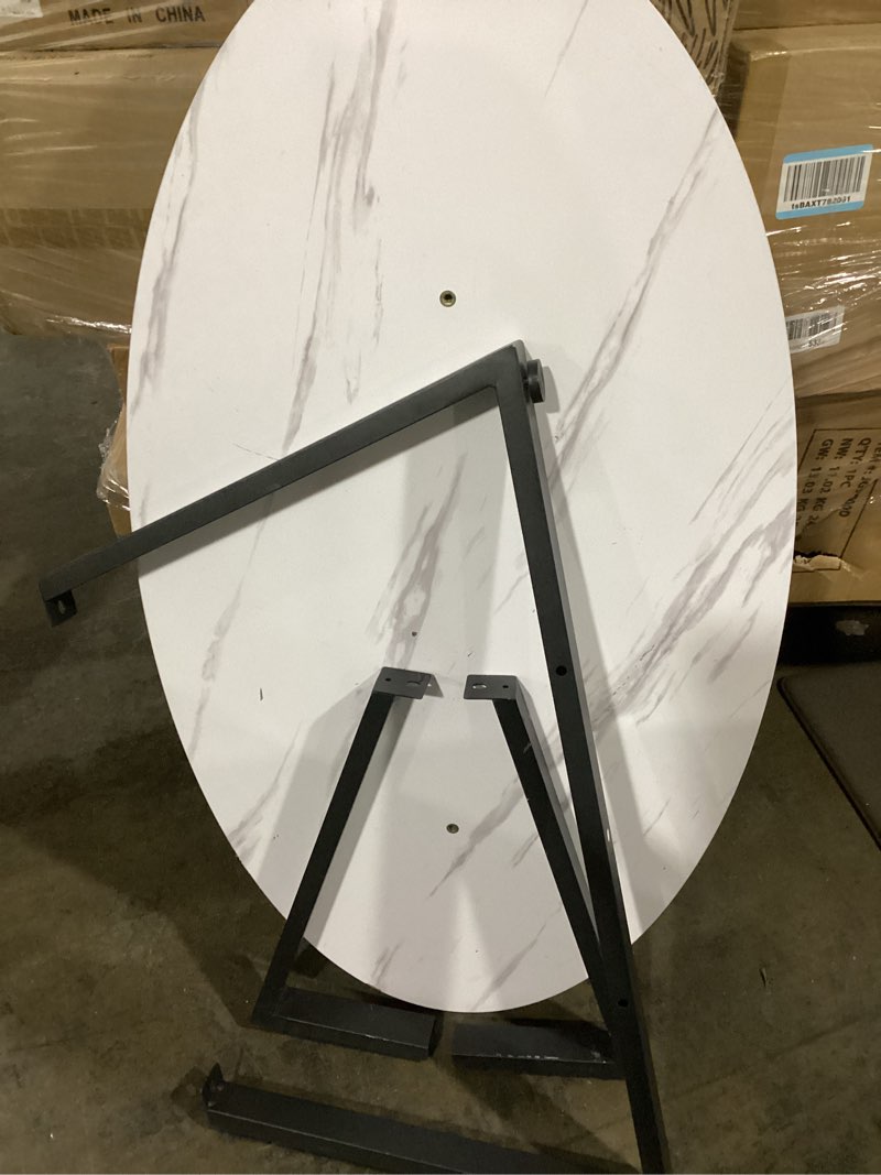 Condition photo showing As Is for Coffee Table Small Oval Table,White Faux Marble Table for Living Room, Modern Center Tea Tables for Small Space,Wooden Tables End Tables with Sturdy Black Metal Leg White Black