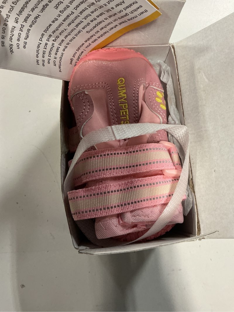 Condition photo showing Good Condition for qumy dog shoes for large dogs, medium dog boots & paw protectors for winter snowy day, summer hot pavement, water-resistant in rainy weather, outdoor walking, indoor hardfloors skid-resistant sole pink size 3: 2.0''x2.5''(w*l) (pack of 4)