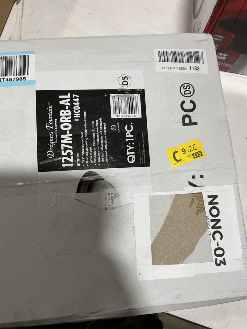 Condition photo showing Good Condition for Designers Fountain 13 inch, Modern 2-Light Flush Mount Ceiling Light Fixture, Alabaster Glass Shade, for Bedroom, Hallway, Indoor Room Lighting, Durable Steel, Easy Install, Bronze, 1257M-ORB-AL