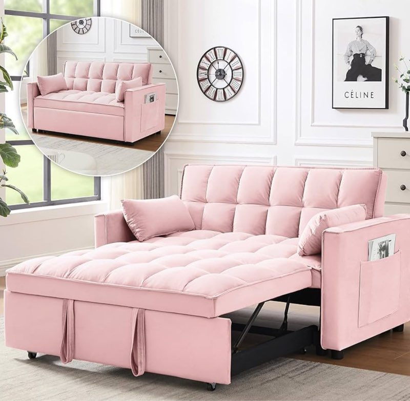 Convertible Sleeper Sofa Bed, Futon Couches for Living Room with Side Pocket | Adjustable Backrest| Velvet Fabric | Pull Out Couch | Recliner Loveseat | Sectional Sofa, Pink