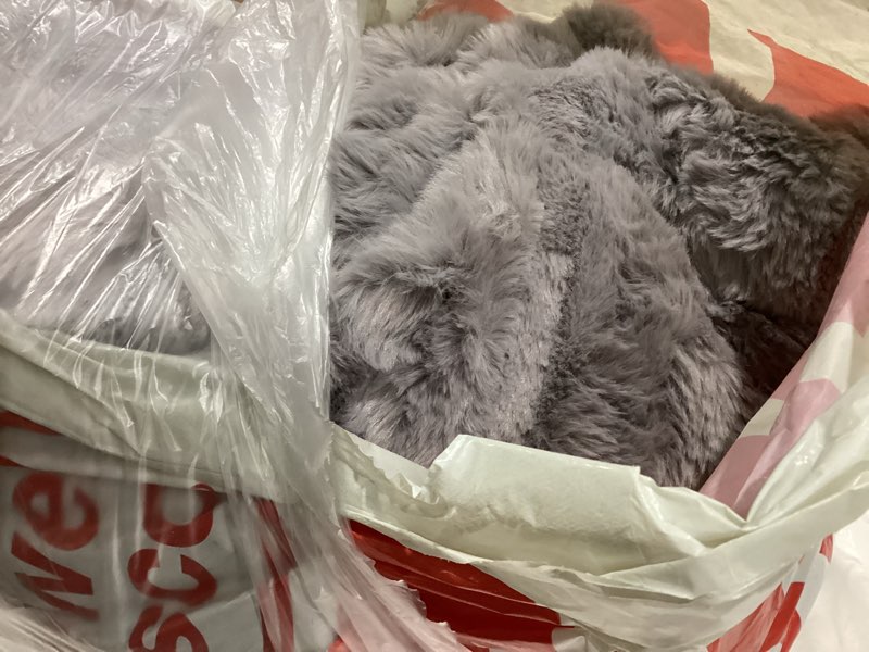Condition photo showing Good Condition for cozy bliss deluxe sheared rabbit faux fur throw blanket, soft fuzzy high-low sculpted plush blanket for couch, cozy home accent, all season use, grey 60"x80" bed throw stripe - grey