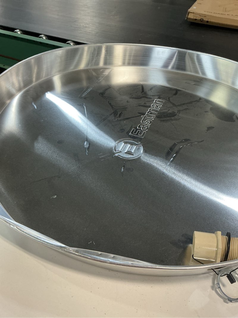 Condition photo showing As Is for eastman aluminum water heater drain pan with pvc fittings, 26 inch id x 28 inch od compression, 60079