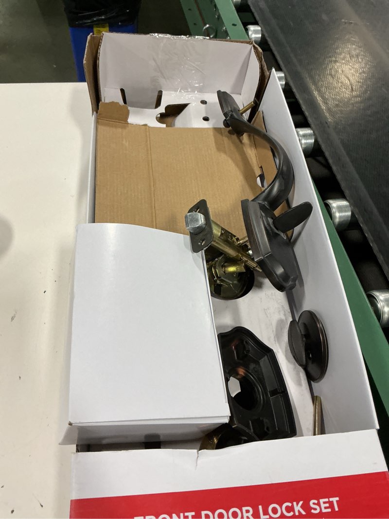 Condition photo showing As Is for Kwikset Belleview Front Door Lock Handle and Deadbolt Set, Entry Handleset Exterior with Interior Door Knob, Venetian Bronze, Pick Resistant SmartKey Rekey Deadbolt Security, Brown