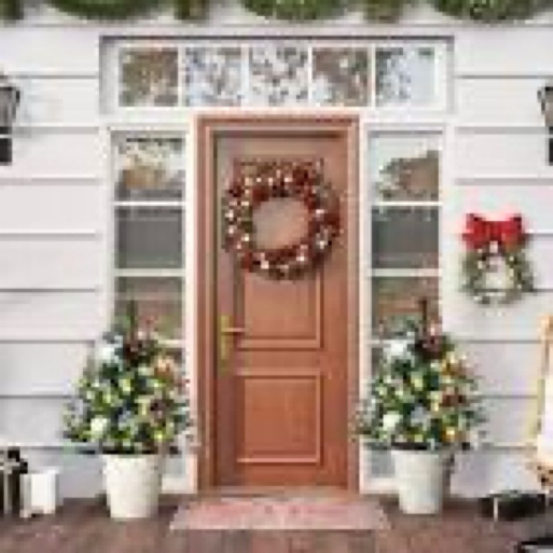 homcom 2.5 ft/30" 2 pack outdoor entryway pre-lit artificial christmas tree cordless with 70 branches, warm white led lights, red berries, pine cones, balls, green 4.