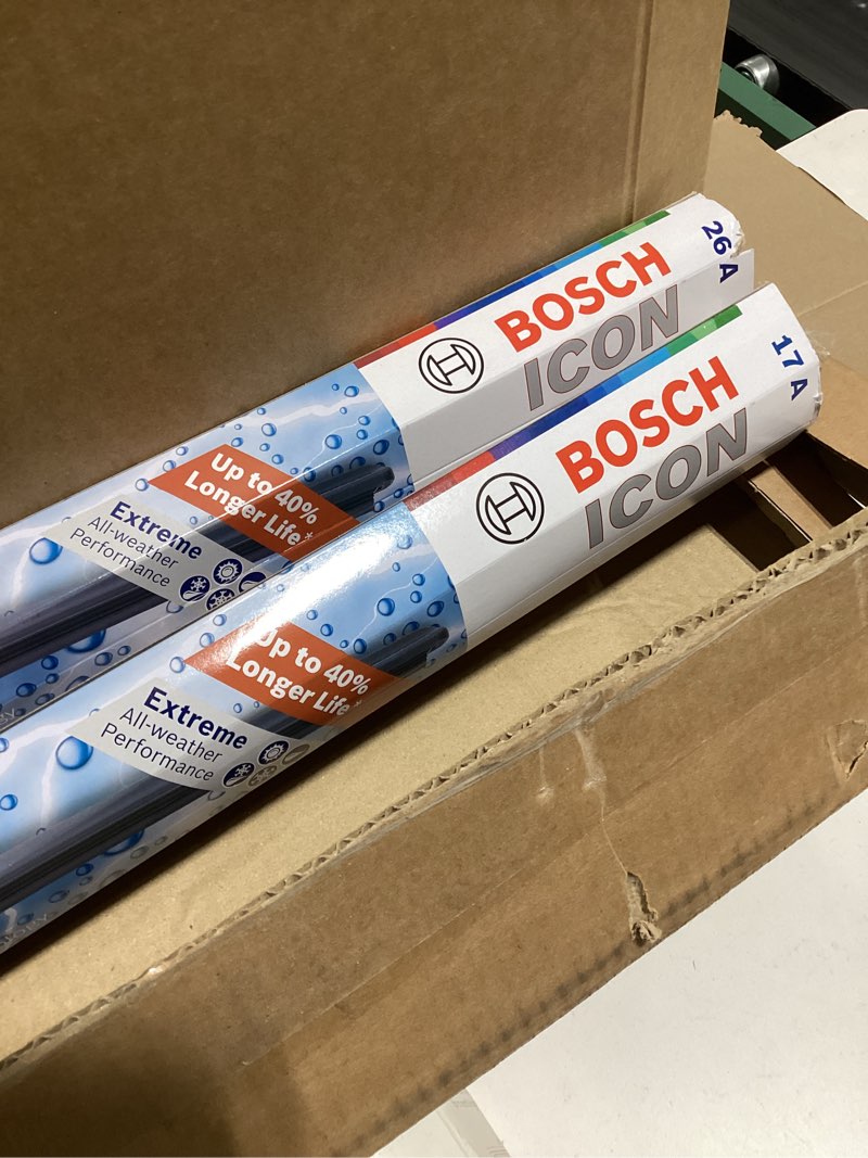 Condition photo showing New/Like New for BOSCH 26A17A ICON Beam Wiper Blades - Driver and Passenger Side - Set of 2 Blades (26A & 17A) Front (26A & 17A) ICON Combo Pack (Front)