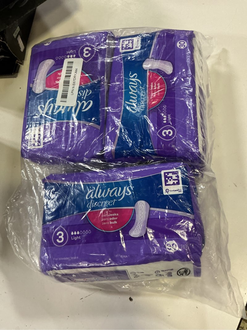 Condition photo showing New/Like New for always discreet adult incontinence pads for women, drier, 3 drop regular length, light absorbency, pads for bladder control management, bladder leaks, & postpartum pads, 90ct regular (size 3)