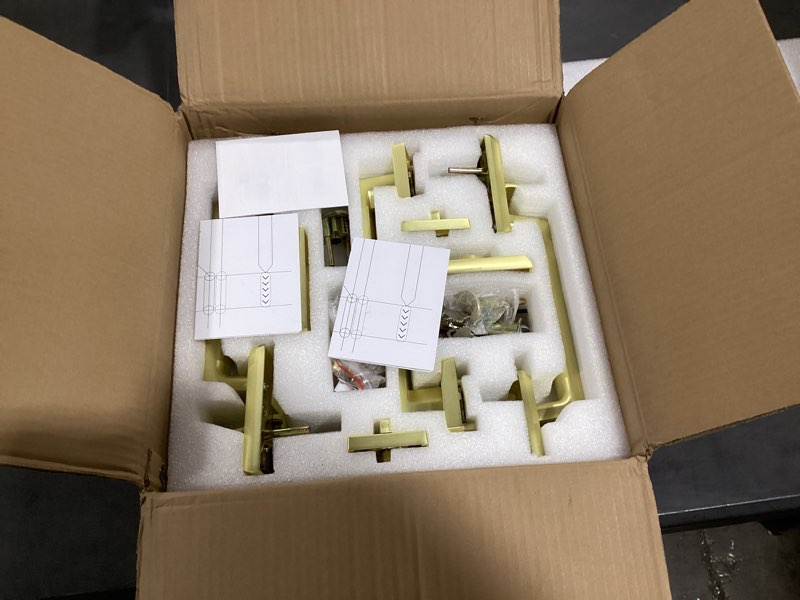 Condition photo showing Good Condition for moquin double front door lock set, brushed gold square front door hardware set with dummy, heavy duty door handle with deadbolt, stain brass double entry door lock set with reversible handle satin brass