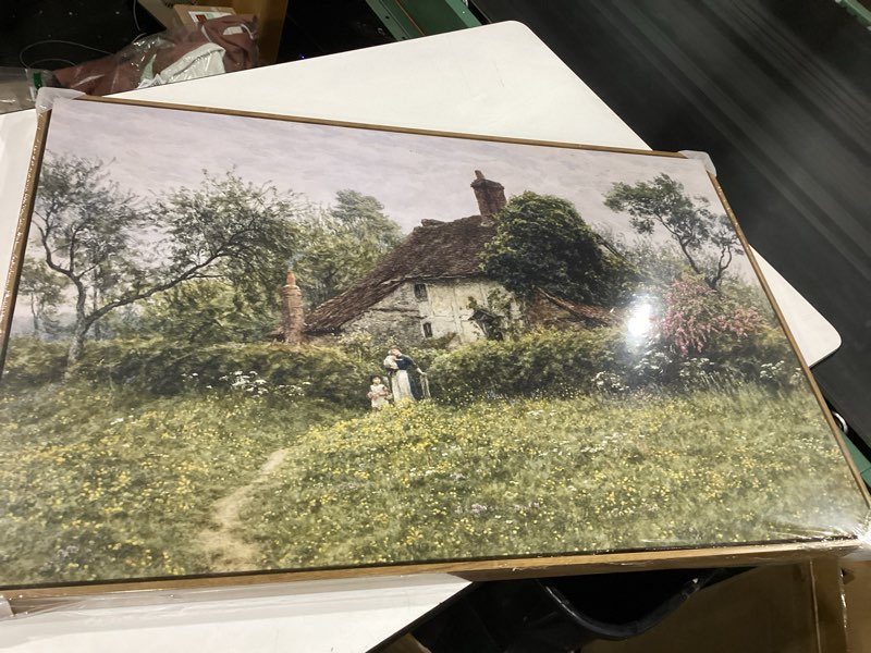 Condition photo showing New/Like New for insimsea framed canvas wall art vintage decor, old cottages countryside large canvas wall art, rustic farmhouse hanging wall decor for bedroom living room bathroom, 24"x36" old cottages 36"l x 24"w