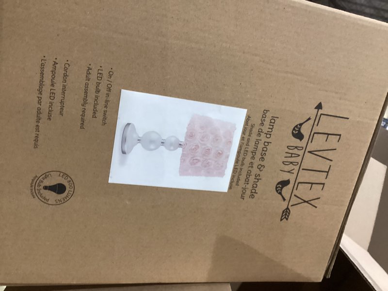 Condition photo showing New/Like New for Levtex Baby - Elise Table Lamp and Shade - Spindle Base with Pink Rosette Shade Lamp - Nursery Accessories - Measurements: 22 in. high and 6 in. Diameter