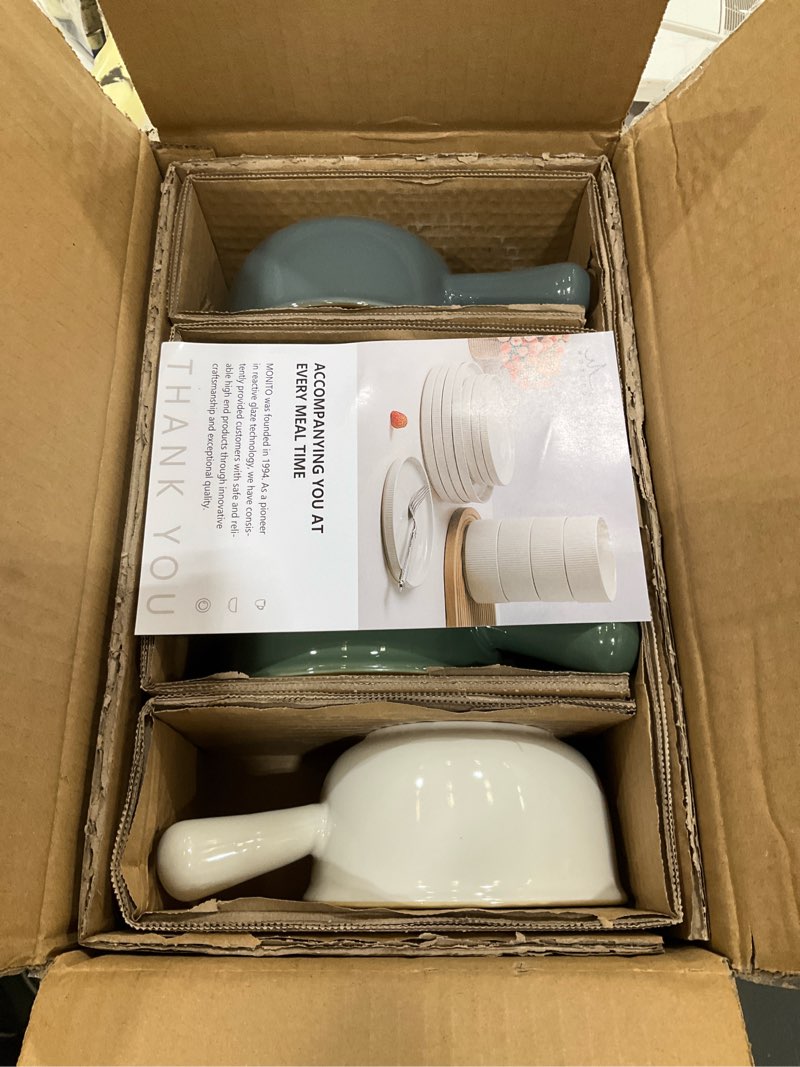 Condition photo showing Good Condition for monito 16 oz french onion soup bowls, ceramic soup bowls with handles, stackable soup crocks oven safe for chili, beef stew, cereal,casseroles microwave & dishwasher safe, set of 4 earthy tones 16oz