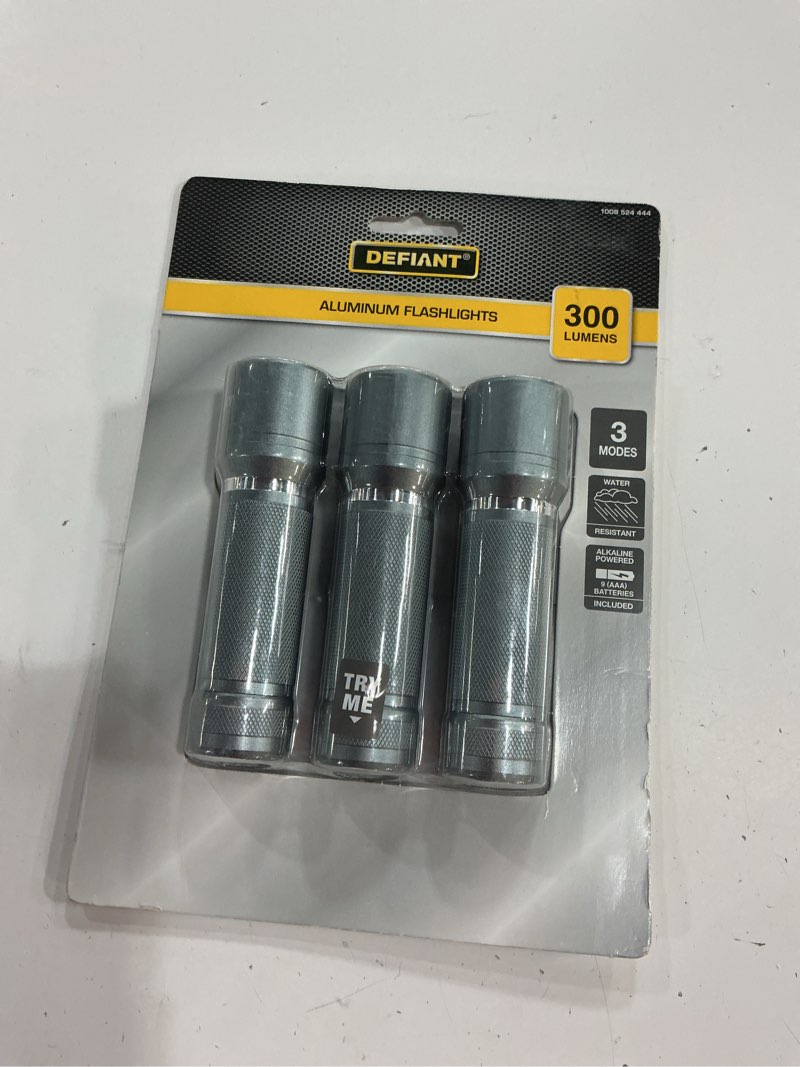 Condition photo showing New/Like New for 3-pack 300-lumen aluminum flashlights