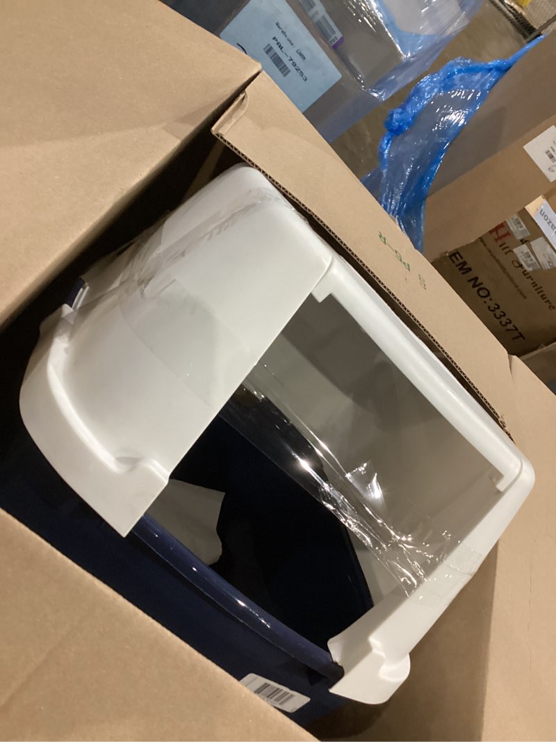 Condition photo showing As Is for iris usa cat litter box large with front door flap, covered enclosed litter box enclosure with scoop, handle & buckles for portability & privacy, hidden litter pan, navy jumbo enclosed navy