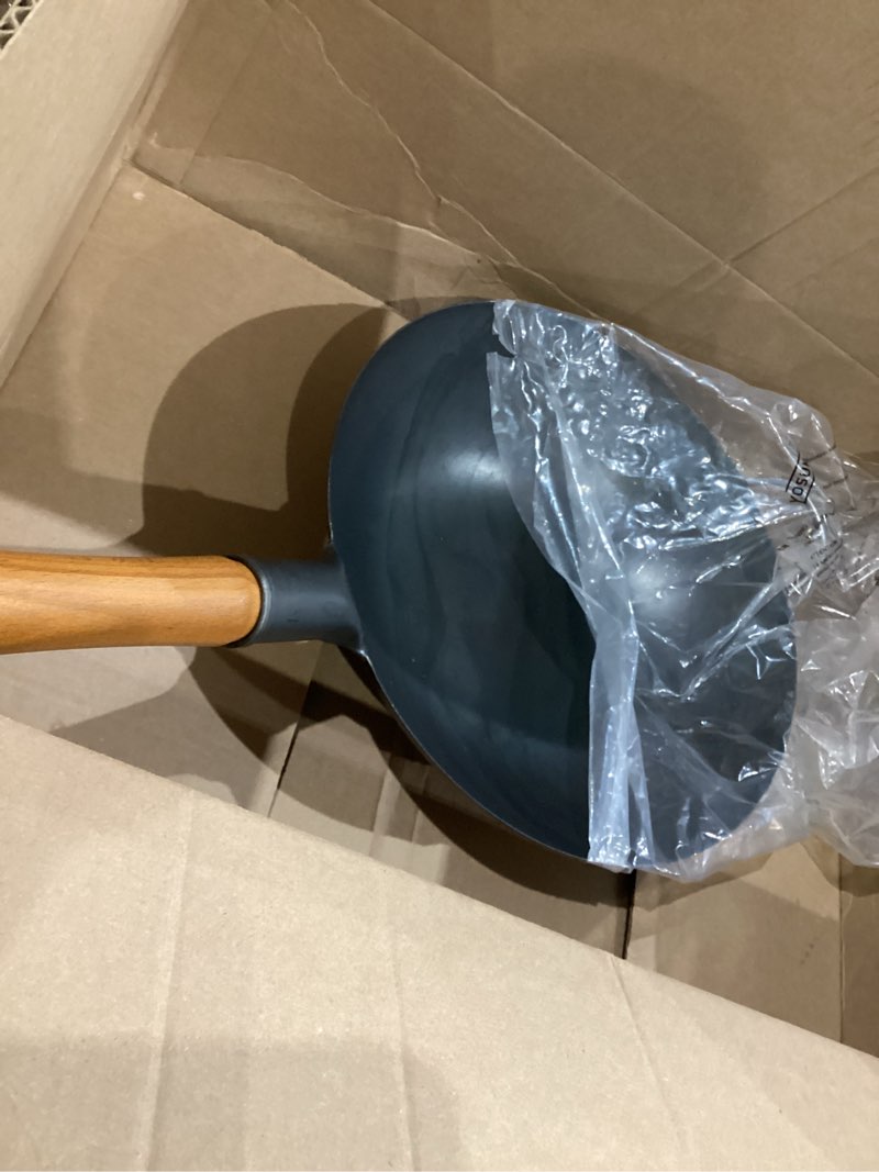 Condition photo showing item condition for yosukata 13.5” blue carbon steel wok pan – pre-seasoned flat bottom wok compatible with open fire, gas, electric, ceramic, induction cooktops -traditional chinese pan for stir fry, bbq, grill, camping